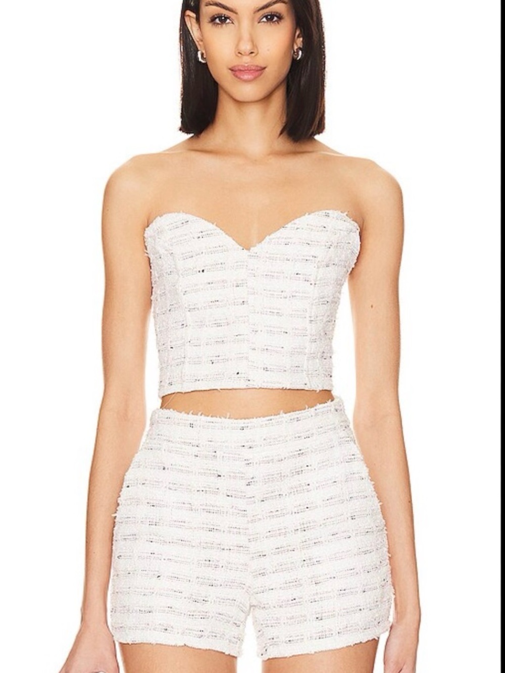 Misa Strapless White Tweed Cropped Bustier Top - Women's